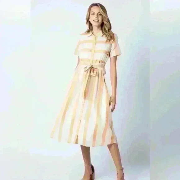 Polagram Dresses & Skirts - Polagram yellow stripe flare dress with tie size Small